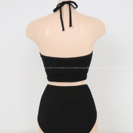 Summer New Split Swimsuit, Halterneck, Strappy Crop Top, High-Waisted Pleated Short Skirt, Three-Piece Swimsuit Set