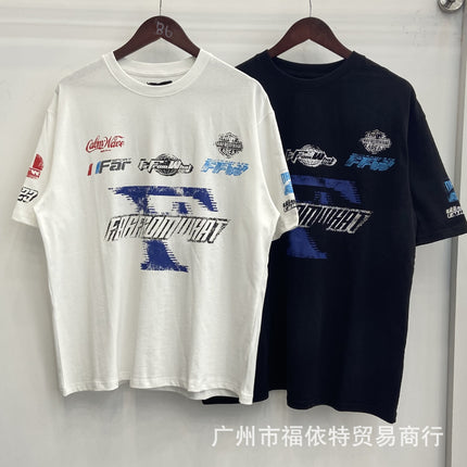 Cross-Border Far American Washed Distressed Short-Sleeved High Street Cross Lip Print Style Fashion Casual Loose Men's and Women's T-Shirts