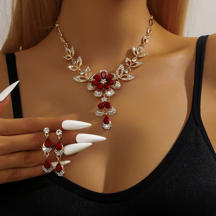 Factory wholesale Europe and the United States cross-border fashion luxury water drop flower necklace earrings two-piece elegant exquisite high-end sense