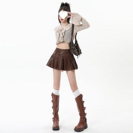 Autumn and Winter American Leather Skirt Retro Sexy High Waist Pu Pleated Skirt Slimming Look Skirt Pleated Short Skirt