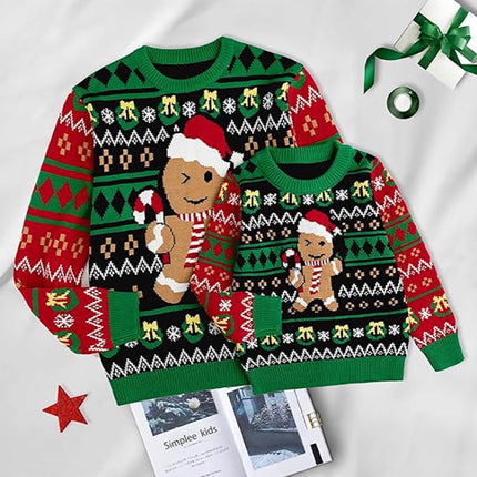 European and American Cross-Border Family Wear Cute Gingerbread Man Pullover Sweater for Women Autumn and Winter Long-Sleeved Green Loose Christmas Sweater