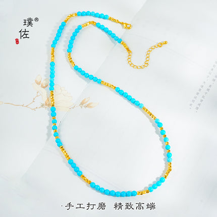 Puzuo 24K Bright Gold Bouncy Blue Beads Turquoise Necklace Adjustable Neck Chain Whitening Beads Clavicle Chain for Women
