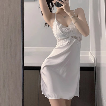 Nightgown for Women Spring and Summer with Breast Pad Suspender Pajamas Set 2025 New Ice Silk Sexy Lace Pure Lust Style Home Wear