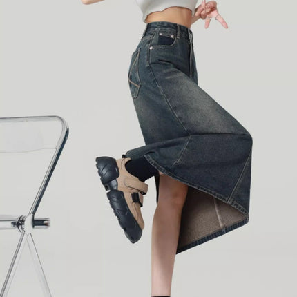 Cement Grey Denim Skirt Women's Trendy All-match New High Waist Slimming Split A- Line Mid-length Hip Skirt