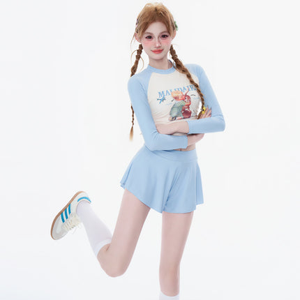 New Style Fresh and Simple Women's Conservative Two-Piece Swimwear with Long Sleeves and Sporty Style, Pure Desire Three-Piece Swimsuit