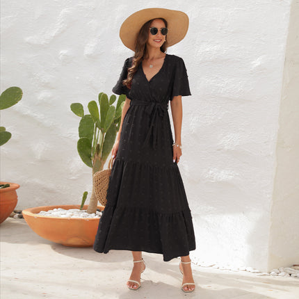 Cross-Border V-Neck High-Waist Strappy Dress Fur Ball Long Short-Sleeved Dress Vacation Travel Dress