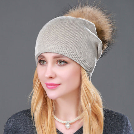 Foreign trade cross-border autumn and winter women's knitted wool cap fur raccoon ball warm wool cap fashion ladies pullover cap