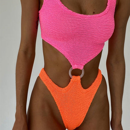Women's 2023 Color-matching Contrast One-piece Swimsuit European and American Explosions Ring One-piece Swimsuit Special Fabric Wrinkled Cloth