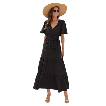 Cross-Border V-Neck High-Waist Strappy Dress Fur Ball Long Short-Sleeved Dress Vacation Travel Dress
