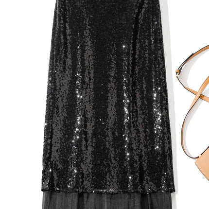 B1943 2025 Spring/Summer New Fashion Sequin Patchwork Mesh Back Slit Midi Skirt