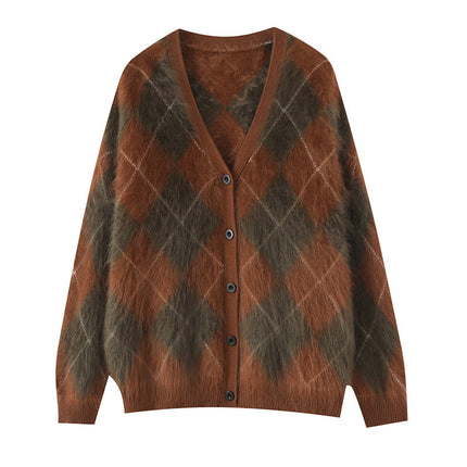 Royal Brushed Diamond Plaid 100 Pure Cashmere Brushed Cardigan V Neck Knitted Jacket Sweater 2025 Autumn and Winter