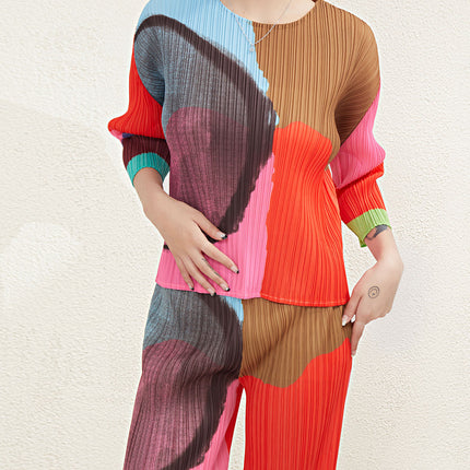 Pleated Elegant Suit for Women Miyake Print Japanese Loose Top High Waist Elastic Wide Leg Straight Pants Two-Piece Set