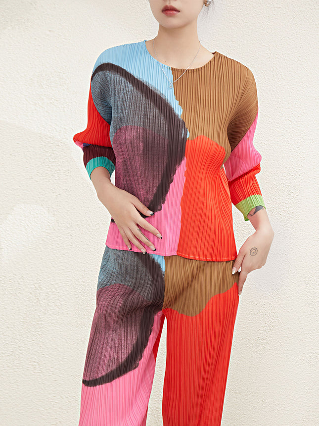 Pleated Elegant Suit for Women Miyake Print Japanese Loose Top High Waist Elastic Wide Leg Straight Pants Two-Piece Set