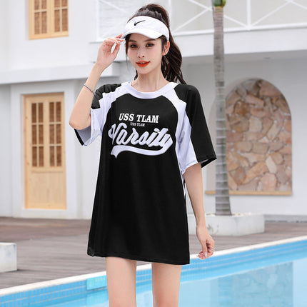 Swimsuit Women's Split Blouse Mid-Sleeve Sun Protection Sports Three-Piece Set Belly Covering Conservative Hot Spring Swimsuit for Girls and Students