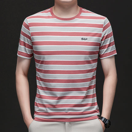 Mingdi Mouse Men's Summer New Business Striped plus size Men's T-shirt Short-sleeved Casual Young and Middle-aged Crewneck T-shirt