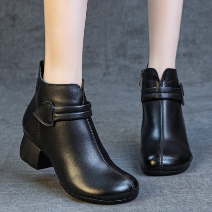 Women's Boots 2025 Autumn and Winter New Style Thick Medium Heel Soft Sole First Layer Cowhide Fleece-Lined and Cotton Short Boots for Middle-Aged and Elderly Women