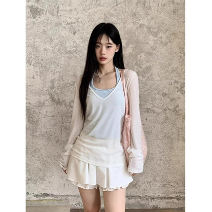 Mint Green Thin Layered V Neck Sun Protection Long-Sleeved T-Shirt for Women Summer Slimming Look Right Shoulder Pure Color Top