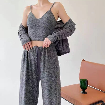 Autumn and Winter Brushed Cotton Women's Camisole Pajama Set with Chest Pads, Three-Piece Cardigan Set, Can Be Worn Outside, Ins-Style Loungewear Set