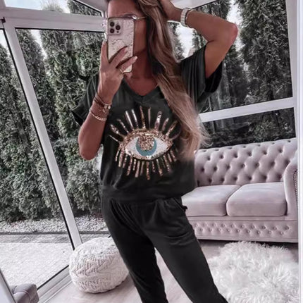 2024 European and American Cross-Border Foreign Trade Women's Summer Evil Eye Sequin Pattern Short-Sleeve Long Pants Set European and American Style