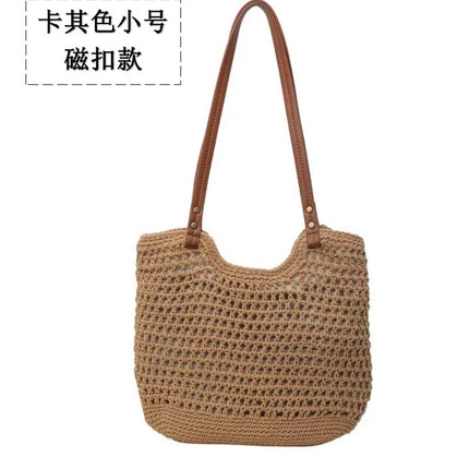 New Shoulder Straw Woven Bag Women's Cotton Threads Hand Woven Bag Large Capacity Tote Bag Holiday Style Beach Bag Women's Bag