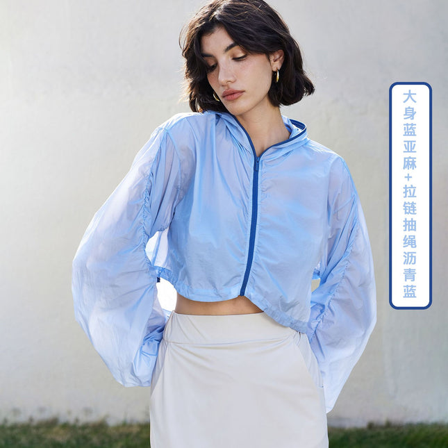 Summer Outdoor Fitness Sports Jacket Hooded Quick-Drying Short Ultra-Thin Loose Color-Blocked Top Blouse for Women Summer