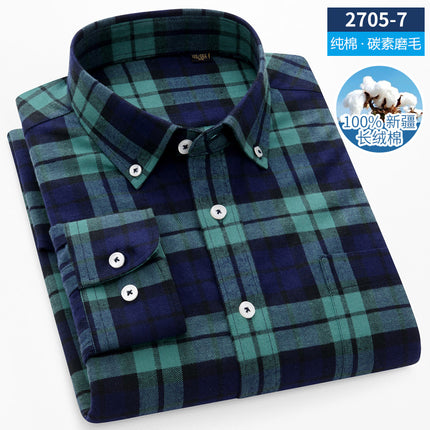 Men's Long-Sleeved Pure Cotton Brushed Plaid Casual Shirts Trendy Fashion Casual Shirts Wholesale