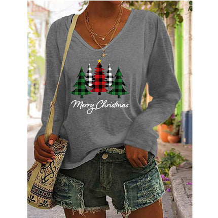 2023 European and American Amazon independent station wish autumn and winter new hot selling women's printed V-neck long sleeve loose T-shirt for women