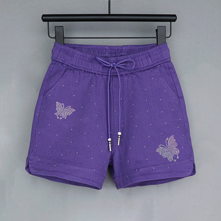 Elastic Waist Shorts Women's Hot Drilling Candy Color Butterfly Denim Wide Leg Pants New Korean Style Slim Look Elastic All-match Hot Pants