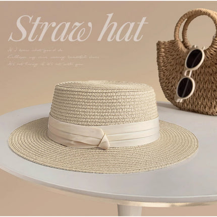 [Great Value] French Style Socialite Flat Top Hat 2025 New Summer Elegant Pearl String Sunshade Woven Straw Hat