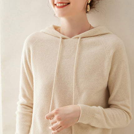 High-grade cashmere sweater women's autumn and winter New hoodie can be worn outside hooded solid color cashmere sweater loose drawstring sweater