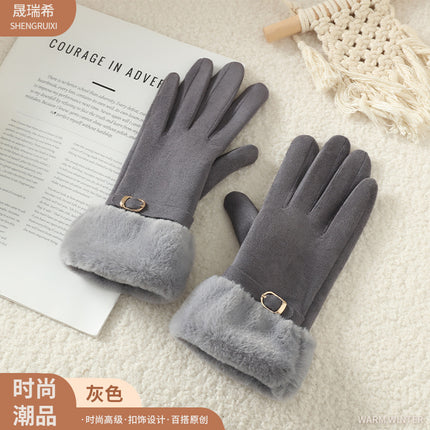 Suede Women's Thickeneded Velvet Gloves Wholesale Outdoor Cycling Suede Korean Style Cute Touch Screen Gloves Dropshipping