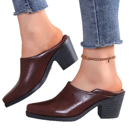 Women's shoes 2025 summer new fashion pointed thick heel two wear feet comfortable small leather shoes women's in stock wholesale