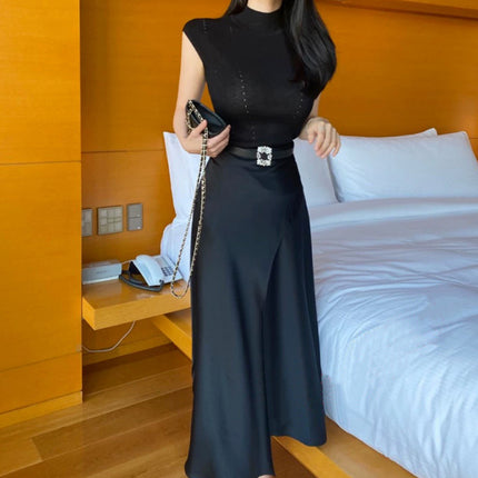 South Korea Dongdaemun Elegant Elegant Sexy Figure Half High Neck Slim-fit Slimming All-match Sleeveless Knitted Top for Women
