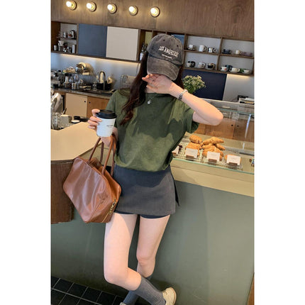 Foreign Trade in stock European Explosions Army Green Loose Short-sleeved T-shirt Women's Summer New Niche Design Retro Top