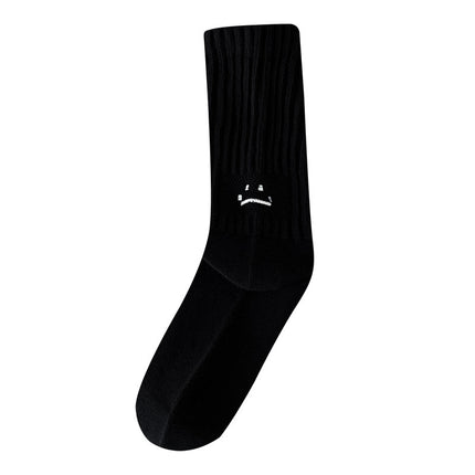 Women's Mid-Calf Smiley Face Socks for Autumn and Winter, Sweat-Absorbent and Breathable Long Tube Slouch Socks, White Combed Cotton Seamless Socks