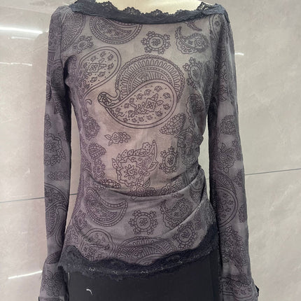 Niche Design Lace Lace Shirt for Women Autum New French Style One-Shoulder Thin Printed Mesh Top
