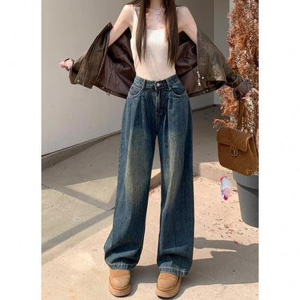 Women's Straight-Leg Loose Jeans Spring Autumn Winter 2024 New High-Waisted Slim Petite Wide-Leg Floor-Length Pants