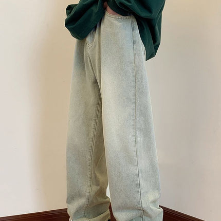 Men's Loose Casual American-Style Jeans, Washed Vintage Blue Floor-Length Casual Pants, Straight-Leg Jeans