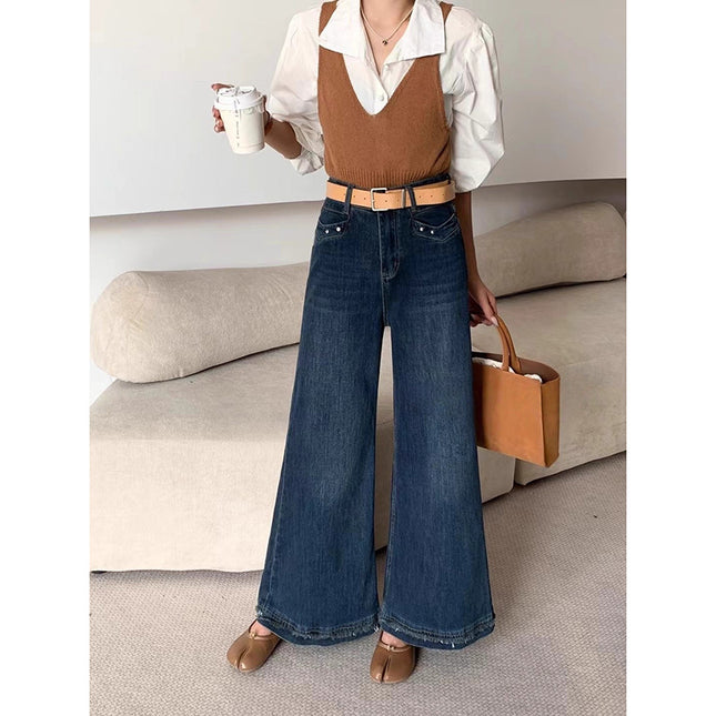 High-Waisted Spliced Raw Edge Straight Jeans for Women 2025 New Retro Stretch Non-Stick Wide-Leg Flared Pants