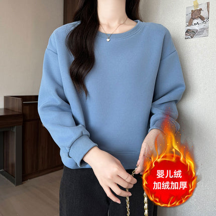 Autumn and Winter New Korean Style Loose Versatile Niche Trendy Round Neck Long-Sleeved Velvet Jacket Fleece-Lined Thickeneded Short Sweatshirt for Women