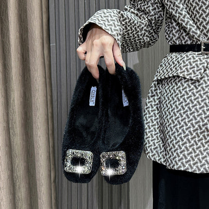 2025 New Winter Furry Shoes for Women, Korean Style Square-Toe Flats Shoes, Fleece-Lined Rhinestone Bean Shoes, Women's Cotton Scoop Shoes