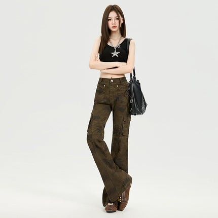 American Retro Camouflage High-Waisted Flared Cargo Pants for Women, Spring and Autumn New Slim-Fit Drapey Casual Bell-Bottom Pants for Women
