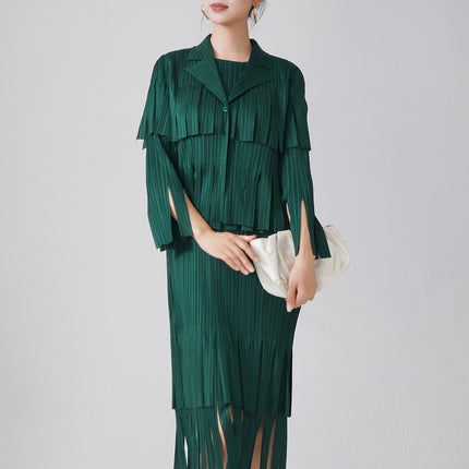Women's Elegant Fashion Suit Women's High-End Tassel Sleeveless Dress Cardigan Shawl Jacket Miyake Two-Piece Spring Set