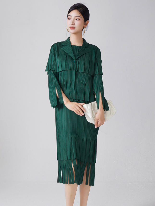 Women's Elegant Fashion Suit Women's High-End Tassel Sleeveless Dress Cardigan Shawl Jacket Miyake Two-Piece Spring Set