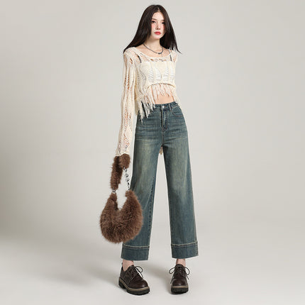 Korean-style All-match Cropped Straight Jeans Women's 2025 Spring New High Waist Elastic Slimming Smoke Pipe and French Stick Pants