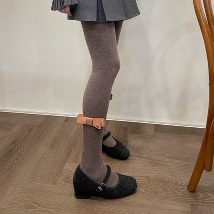 South Korea Dongdaemun One Word Bow Pantyhose Smoke Gray fleece-lined Warm Slimming Micro Pressure Base Socks Autumn and Winter Women