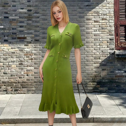 2026 Summer New French-Style Women's Long Dress, Elegant Socialite A-Line Knit Dress with V-Neck, Short Sleeves, and Slit