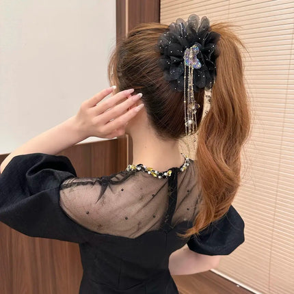 Spring and Summer New Style Versatile Hair Clip with Tassels, Flower Bow, and Mesh Flower Decoration