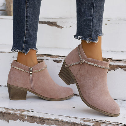 Rhinestone Strap Short Boots Autumn and Winter Fashion Casual Women's Ankle Boots Side Zipper Solid Color Round Toe Chunky Heel Women's Boots