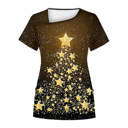 Cross-Border Aliexpress Amazon Women's Short-Sleeved Christmas Positioning Printed Flap Pocket Pants Top Scrub Clothes T-Shirt